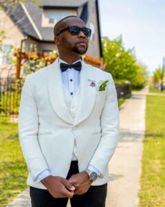 Grooms wedding day portrait, Father and Daughter dance, parents wedding aso oke style, outfit, Debola and Okiki white wedding in Canada, white wedding dress gown, white suit on groom with black pant, buttonnaire,