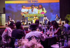 panel session for corporate event design with screen, lighting